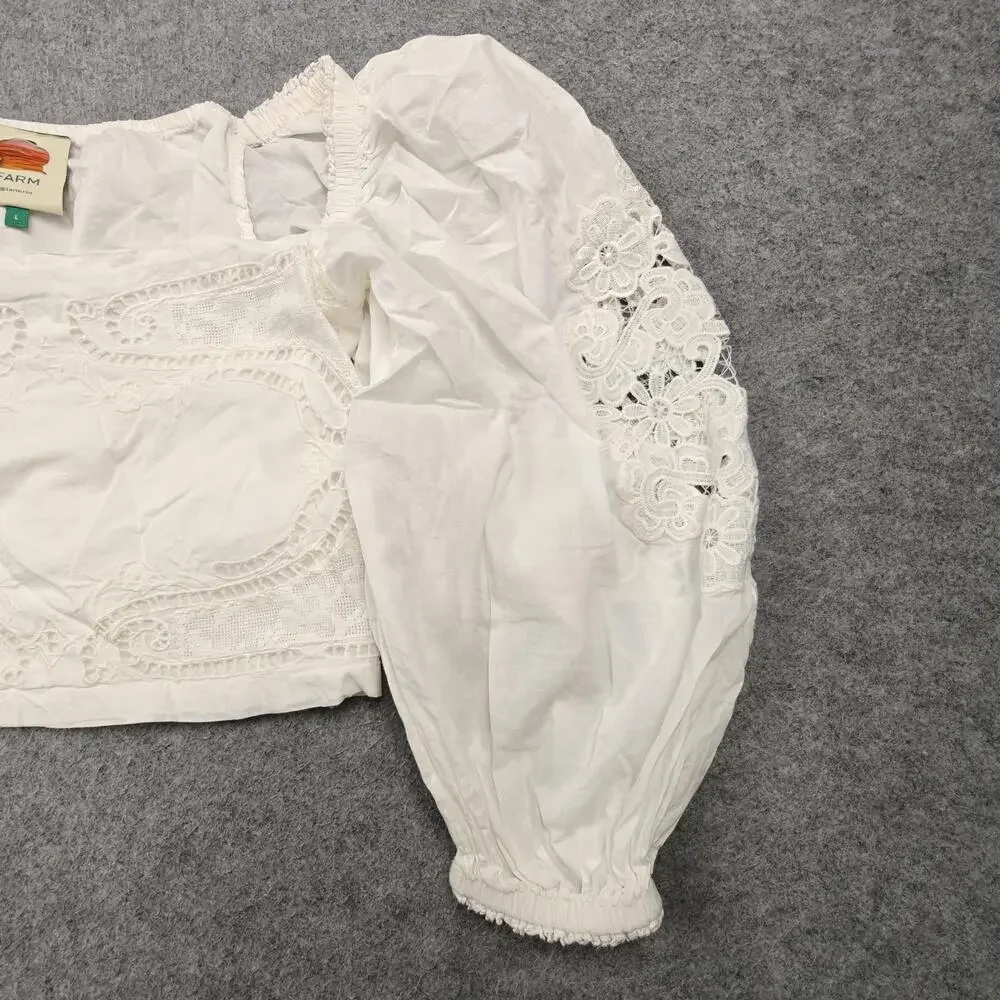 Farm Rio Blouse Womens Large White Cropped Square Neck Embroidered Crochet